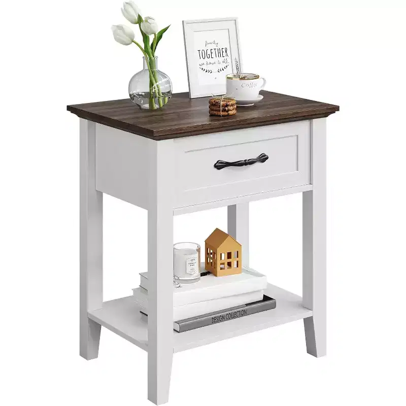 Nightstand with Drawer and 2-Tier Storage Shelves, Versatile End Table for Bedroom, Living Room, Dorm, and Small Spaces