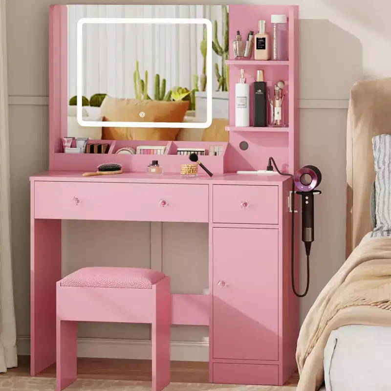 Pink Vanity Desk with LED Mirror, Stool & Power Outlet – Makeup Table with Drawers & Shelves