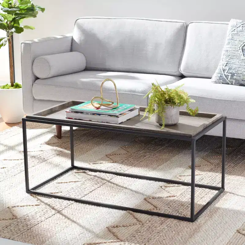 Rectangle Coffee Table, Wood Tray Top & Powder-Coated Steel Frame, Brown/Black, 154 lb