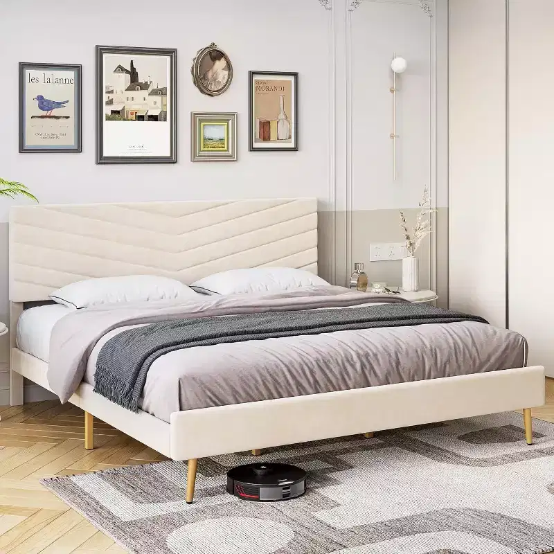 King Size Velvet Upholstered Platform Bed Frame with Adjustable Headboard, Wood Slats Support, Noise-Free, No Box Spring Needed, Beige