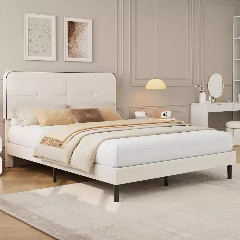 Velvet Upholstered Platform Bed Frames with Adjustable Headboard & Sturdy Metal Support, Anti-Noise EVA Sponge, No Box Spring Needed