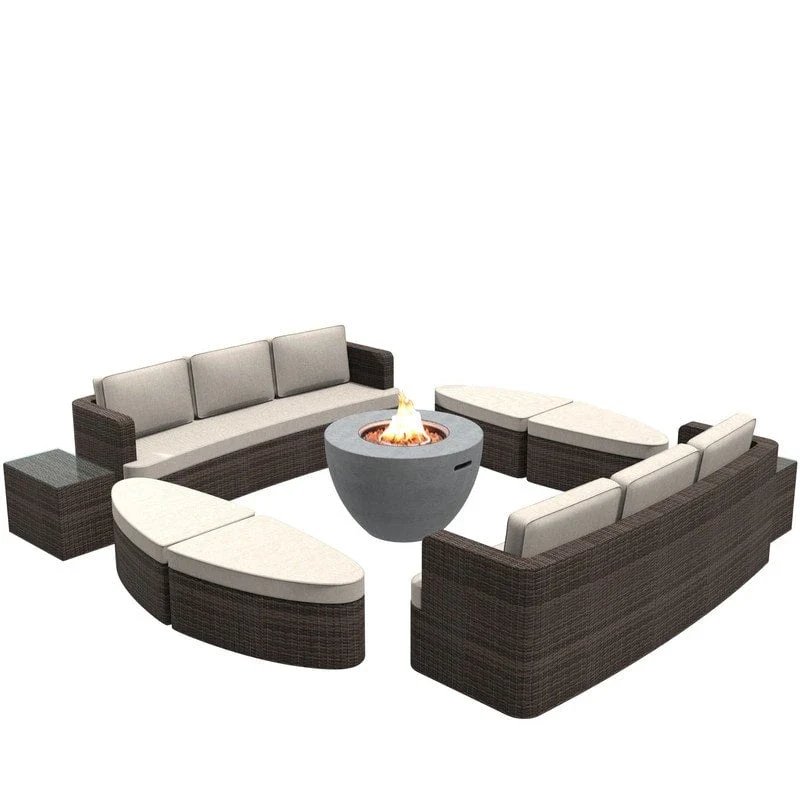 9-piece Patio Wicker Daybed Set with Concrete Fire Pit Table
