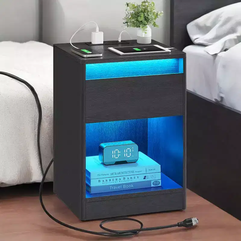Nightstand with Charging Station & LED Lights - Drawer, 2 AC + 2 USB, Black MDF