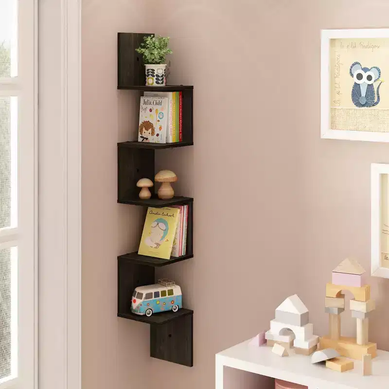 5-Tier S-Shaped Corner Bookshelf, Espresso