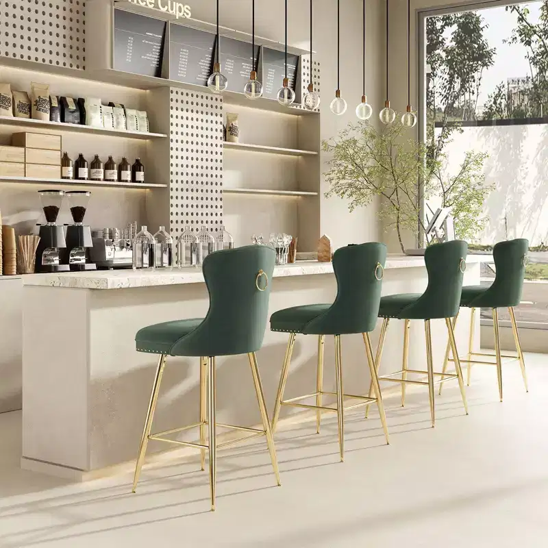 PexFix 2Pcs Bar Stools Velvet Counter Height Bar Stools with Metal Legs Button Tufted and Nailheads Trim Wing-Back Bar Chairs Green