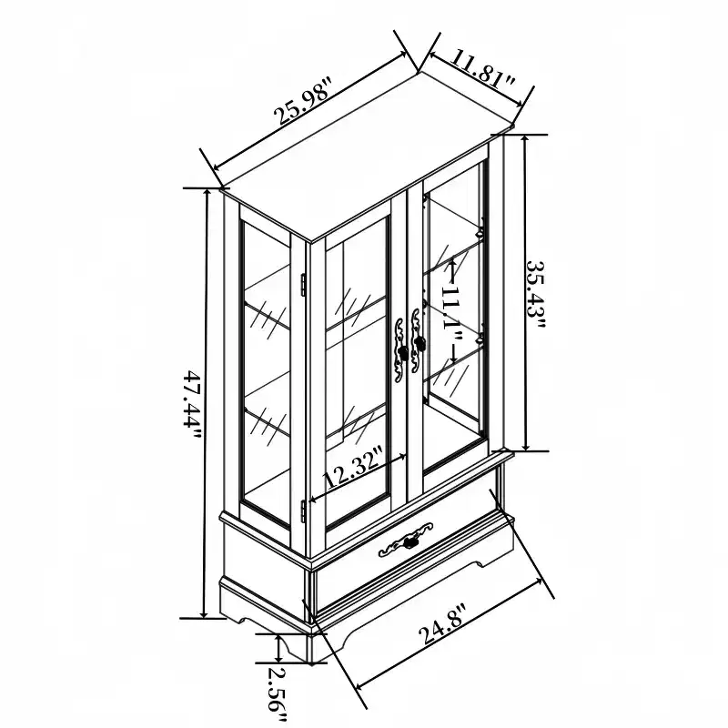 Lighted Glass Curio Cabinet with Adjustable Shelves - Elegant 2-Door Display Cabinet & Built-in Drawer, Includes Bulb