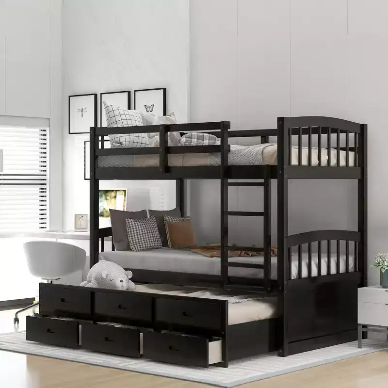 Wood Twin over Twin Bunk Bed with Ladder, Trundle & Drawers