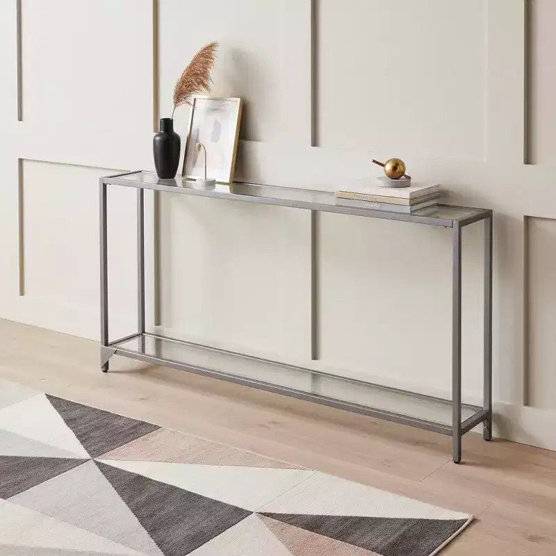 HomeRoots 56 Clear and Silver Glass Mirrored Floor Shelf Console Table With Storage