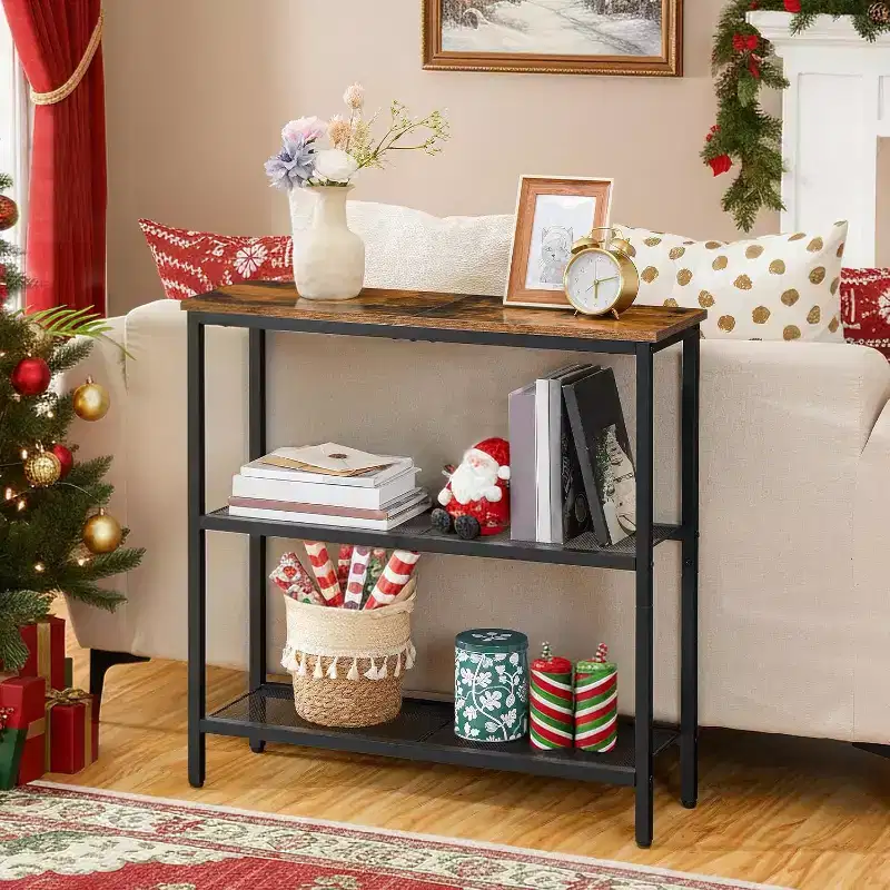 ACOINEL 29.5 Narrow Console Table, 3-Tier Rustic Brown & Black Entryway Table, Thin Sofa Side Display Table for Hallway Entrance Living Room Bedroom
