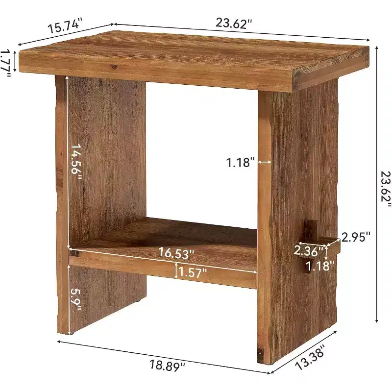Lantine Solid Wood Nightstand with Storage, Farmhouse Rectangle Bedside Table with Wooden Base for Bedroom Accent Furniture, Brown