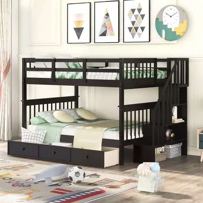Stairway Full-Over-Full Bunk Bed with Drawer, Storage and Guard Rail for Bedroom