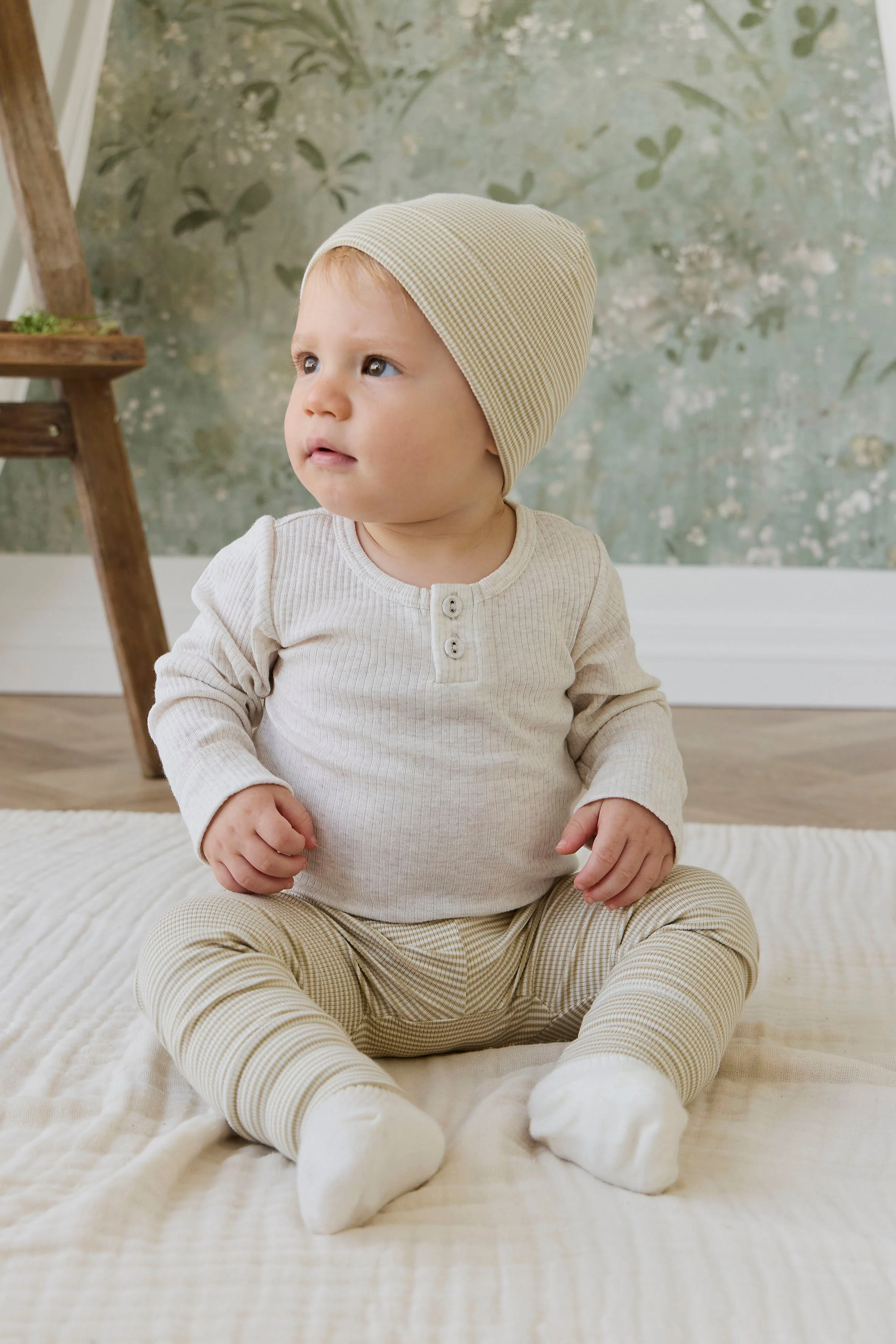 Casual Cream Brown Petite Stripe Fine Rib Cotton Legging with Comfortable Stretch & Soft Waistband for Baby & Toddler Daily Wear