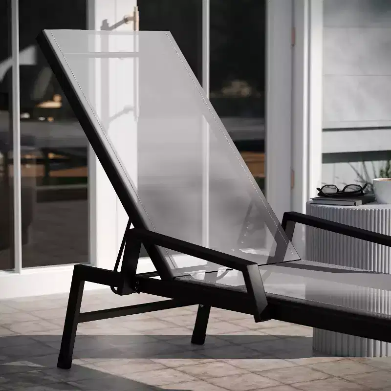 Emma and Oliver Textilene Adjustable 5 Position Patio Chaise Lounge with Armrests and Metal Frame