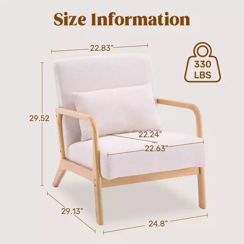 Modern Upholstered Accent Chair with Lumbar Pillow, Relaxing Armchair with Solid Wood Frame & Soft Cushion, Beige