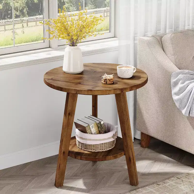 Solid Wood Round Side Table, 2-Tier End Table with Storage Shelf, Nightstand for Living Room, Bedroom, Easy Assembly