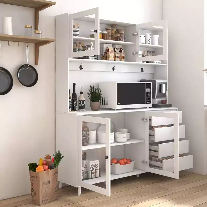 GDFStudio Gideon Modern 63 Kitchen Pantry Cabinet with 4 Glass Doors, 4 Drawers and Microwave Shelf