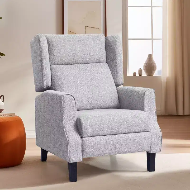 Push Back Recliner Chair, Modern Upholstered Manual Wing Chair