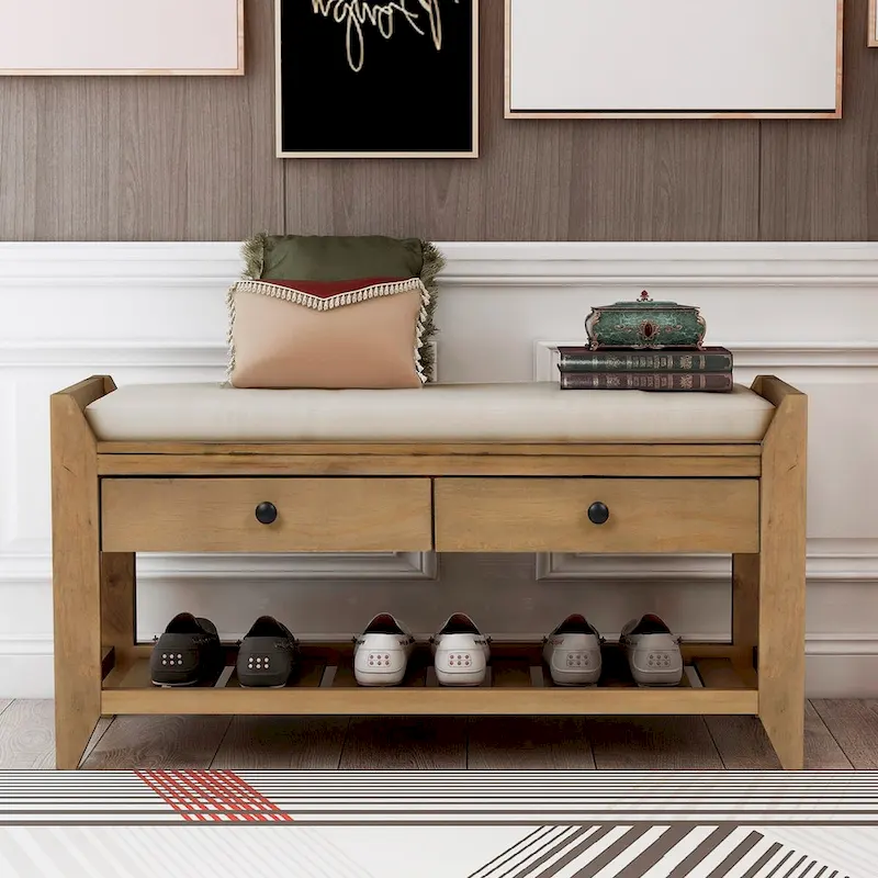 Brown Wood Storage Bench with Cushion & Drawers, 2-Person