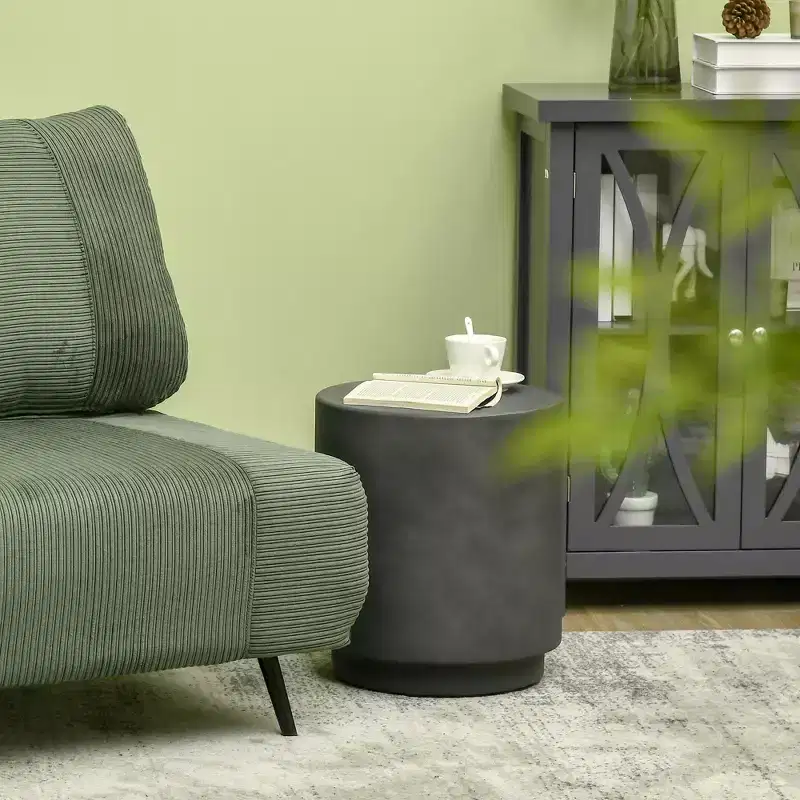 Round Concrete Finish Accent Side Table with Adjustable Feet, Indoor/Outdoor