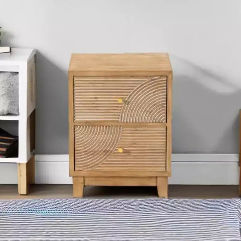 Farmhouse 2 Drawer Nightstand with Handcrafted Wood Ring Pattern, Mid-Century Boho Night Stand for Home Bedrooms, Natural Wood
