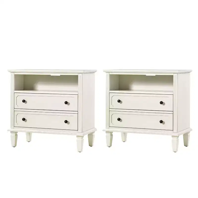 2 - Drawer Solid Wood end table with Solid Wood Legs Set of 2|WHITE