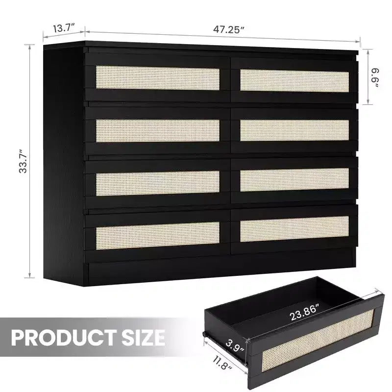 Large 8 Drawer Dresser for Bedroom, Modern Farmhouse Rattan Dresser, Slim Wood Chest of Drawers