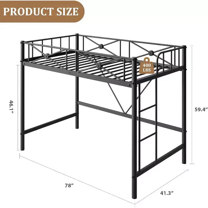 Twin Loft Bed Frame, Heavy Duty Metal with 400 Lbs Capacity, Space-Saving Noise-Free Design for Kids Teens Adults