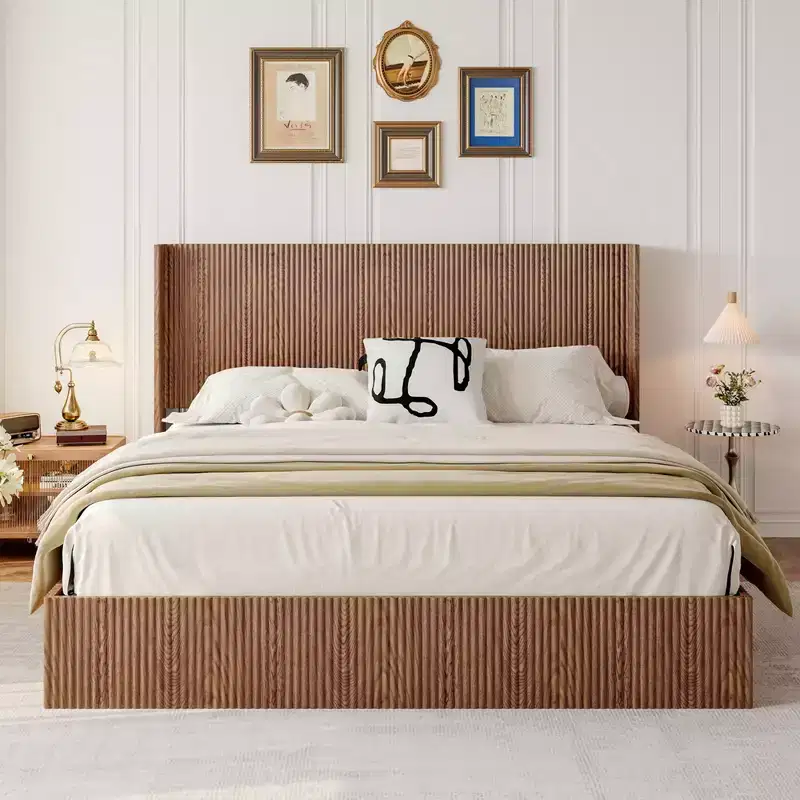 Extra-Large Wave-Pattern Bed Frame with Lift-Up Storage Function