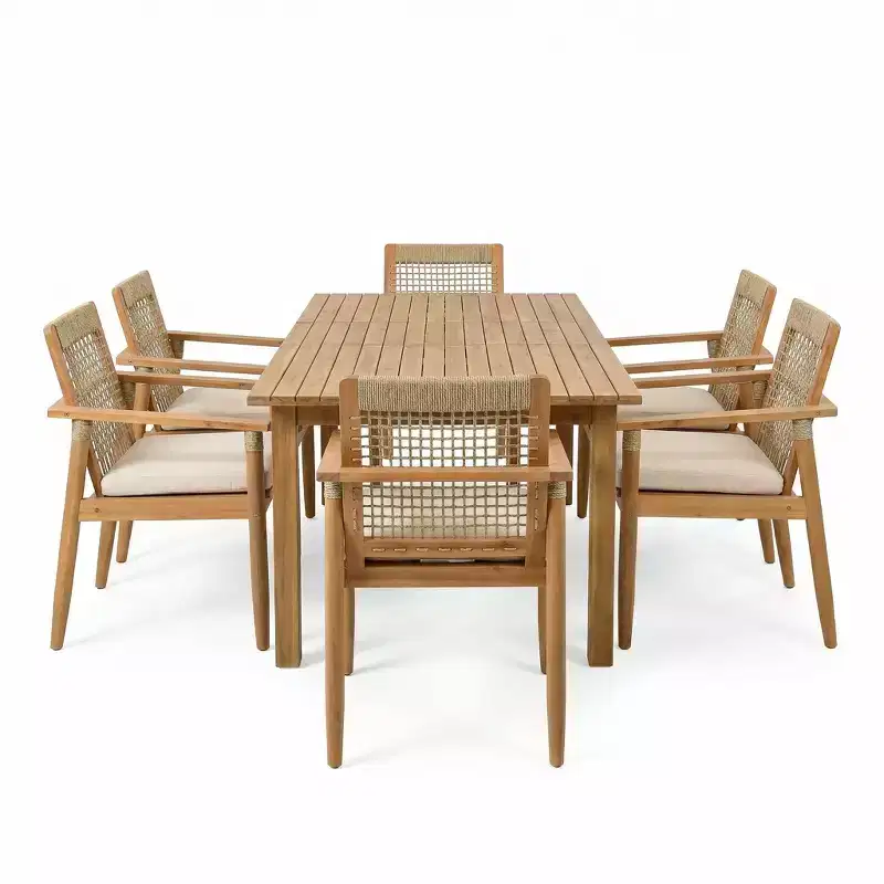 Christopher Knight Home Andiez Modern 7 Piece Patio Acacia Dining Set with Expandable Slatted Table and Rope Design