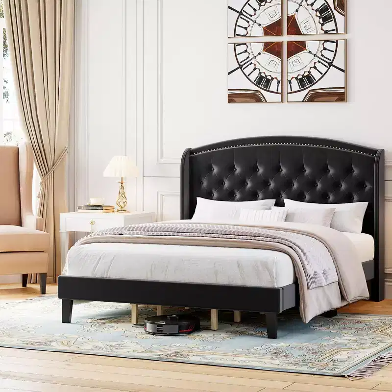 TROPOW King Size Wingback Headboard Bed Frame - Low Profile Upholstered Platform Bed, Sturdy Wooden Slat Support, No Box Spring Needed