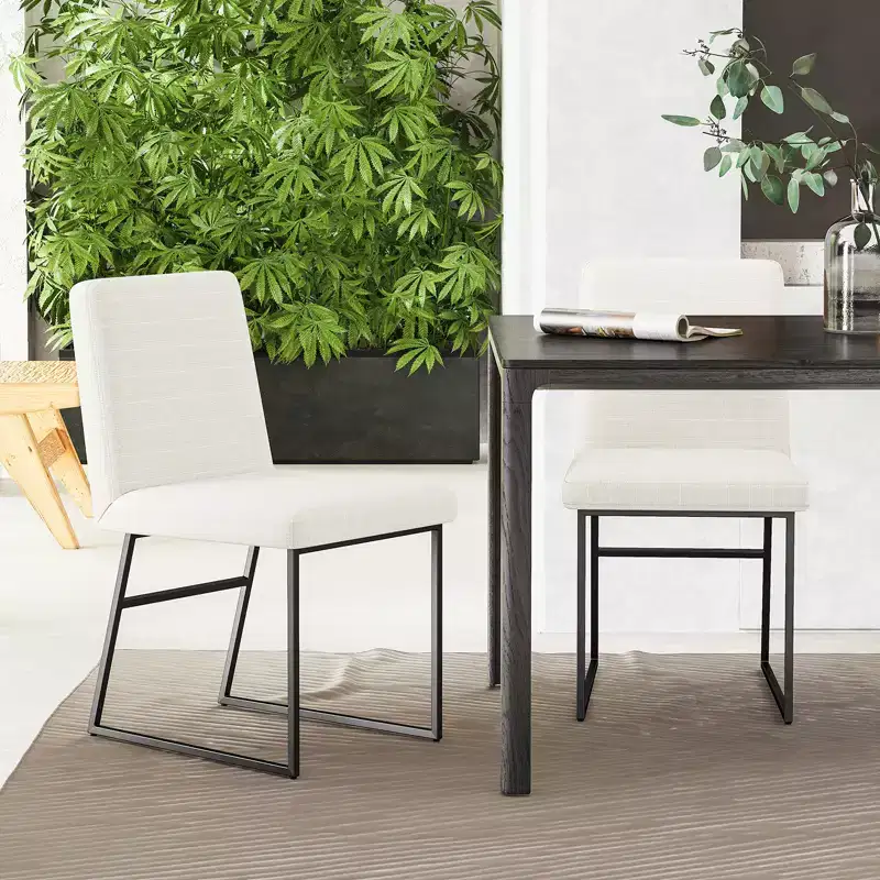 Dyonery Dining Chairs with Backrest, Linen Upholstered Metal Frame Chairs for Kitchen & Dining Room, Cream White