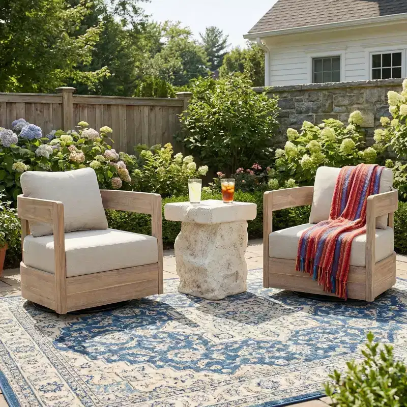 Christopher Knight Home Telluride 3 Piece Modern Patio Acacia Wood 360 Swivel Club Chairs with Lightweight Concrete Side Table
