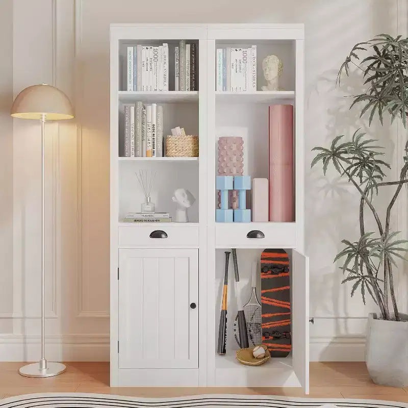 Acekool 71 Tall Bookcase with Cabinet, 3-Shelf Bookcase and Adjustable Storage, Modern Organizer, White, 2-Pack