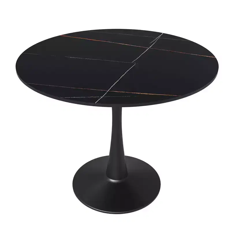 Bristol 31 Round Dining Table Sintered Stone Top, Black Steel Pedestal Base, Accent Caf Table for Kitchen & Small Spaces