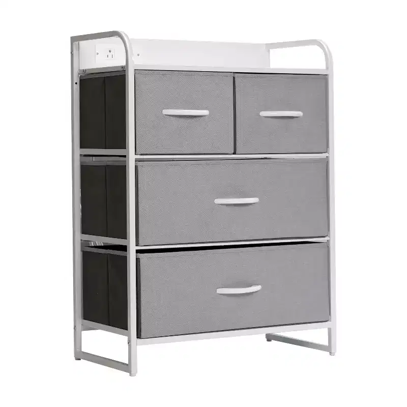 Emma and Oliver Nightstand with 4 Fabric Drawers, Charging Station with 2 USB Ports/Power Outlet, Engineered Wood Top, Wood Handles, Metal Frame