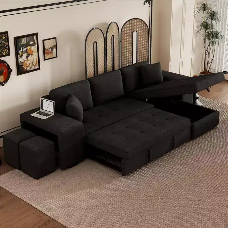 104.5 Reversible L-Shape Sectional Sleeper Sofa with Storage Chaise & 2 Stools - Convertible 3-Seat Sofa Bed for Living Room