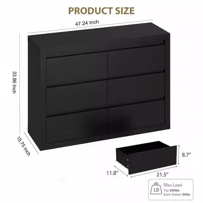 COZONY 47 Wide 6 Drawer Dresser, Modern Round Corner Cabinet Chest, Thickened Top, Natural Wood