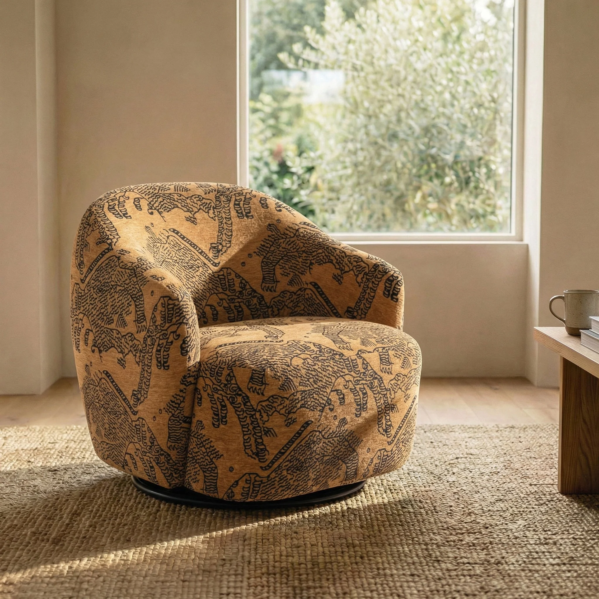 Modern Jacquard Brown Lounge Chair with Swivel Base for Living Room