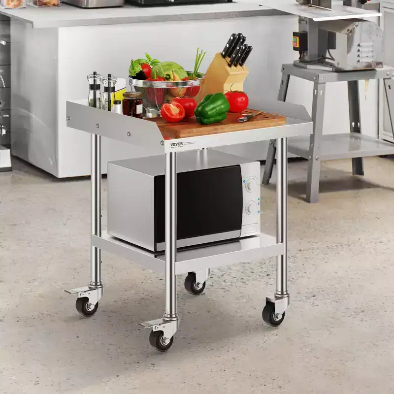 VEVOR Stainless Steel Work Table, 24 x 24 x 30 Inch Commercial Food Prep Worktable with 4 Wheels,Casters, 3-Sided Backsplash HeavyDuty Prep Worktable