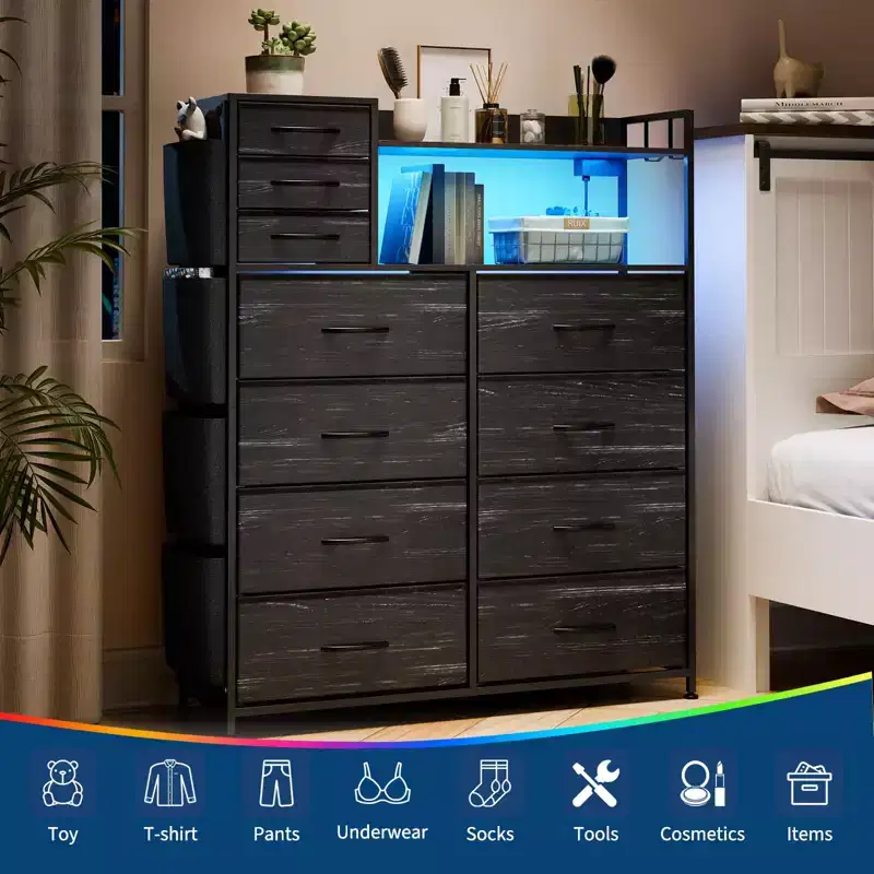 Fabric 11-Drawer Dresser with Charging Station & LED Lights