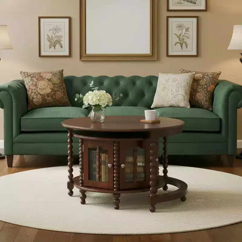 Vintage Round Nesting Coffee Table Set with Bamboo-Shaped Glass Doors & Retro Beaded Legs, Walnut - ModernLuxe