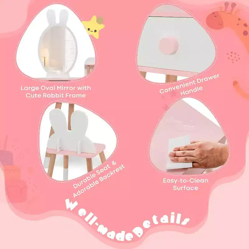 BALHAM TRADE-Rabbit Themed Kids Vanity Set White Wooden Makeup Table Chair w 2 Large Drawers