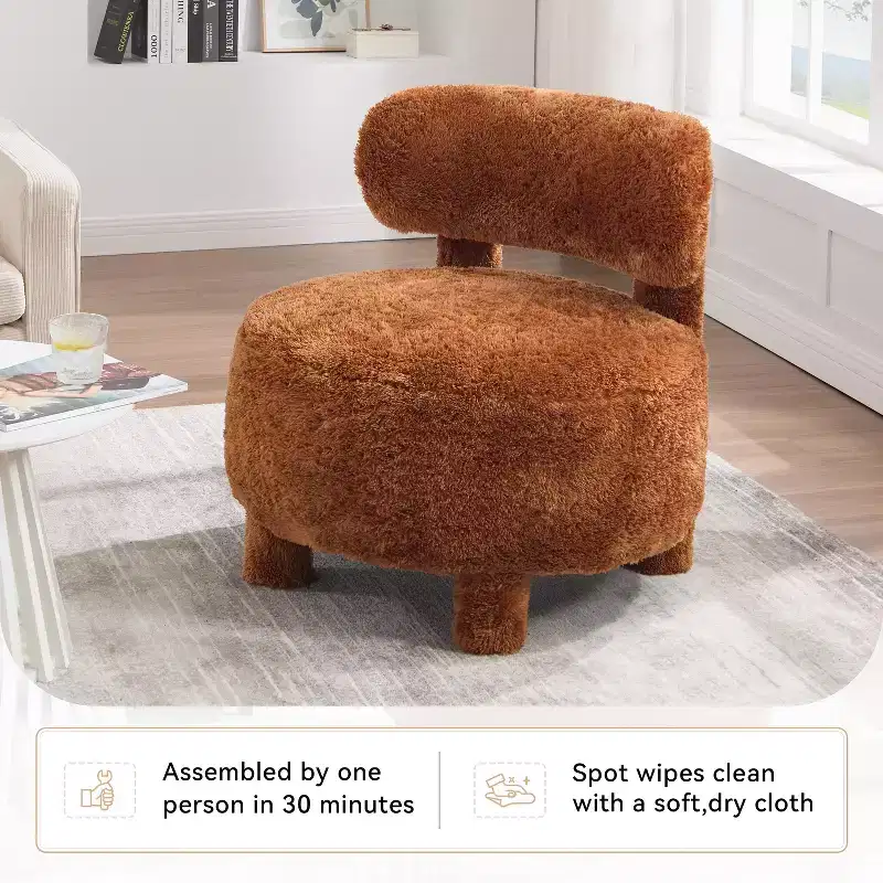 Upholstered Accent Chair Armless Side Chair with Curved Backrest, Teddy/Fur, White/Khaki - ModernLuxe