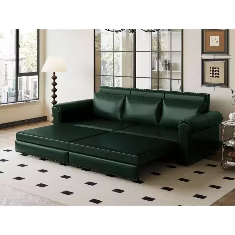 MAYEERTY 93.7 King Pull Out Sofa Bed, 3-in-1 Faux Leather Convertible Sleeper Sofa with Nailhead Trim& Rolled Arm Green
