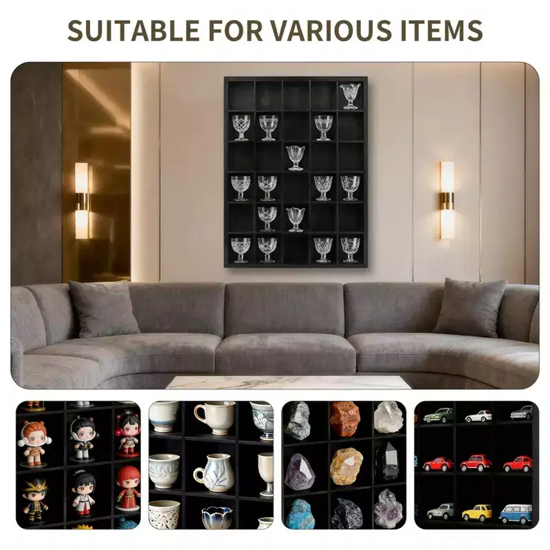 2 Pcs Shot Glass Display Case, Black Wooden Shot Glass Shelf with Removable Shelves, Wall Mounted Shadow Box Thimble Display Case, 30 Slots