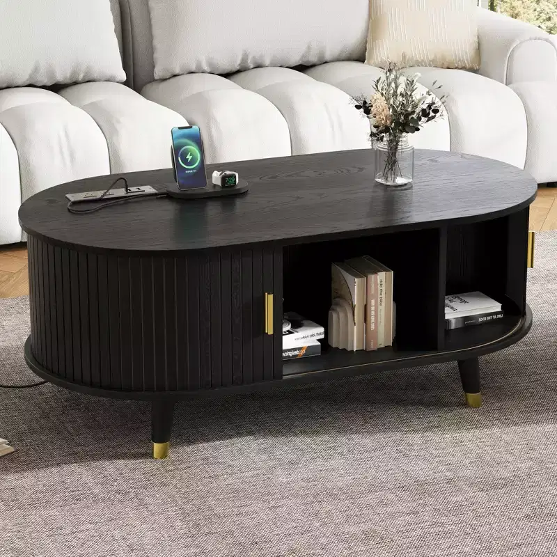 Wood Fluted Coffee Table with Charging Station, Vintage Oval Center Table with Storage for Living Room