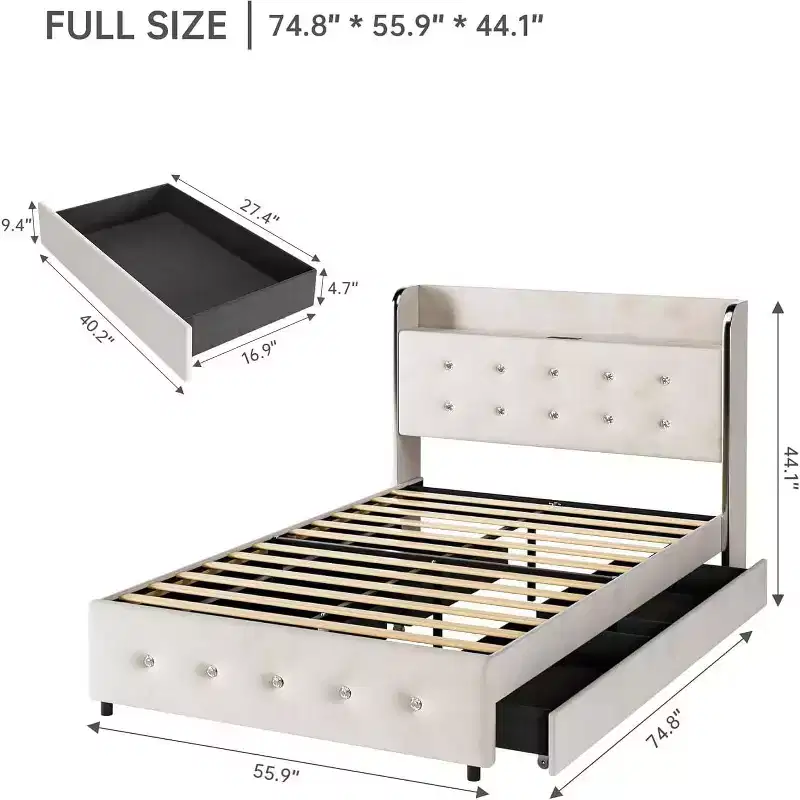 Full Size Bed Frame with Storage Headboard, Velvet Upholstered, Platform Bed Frame with 4 Drawers&Wooden Slat Support, Noise Free Design
