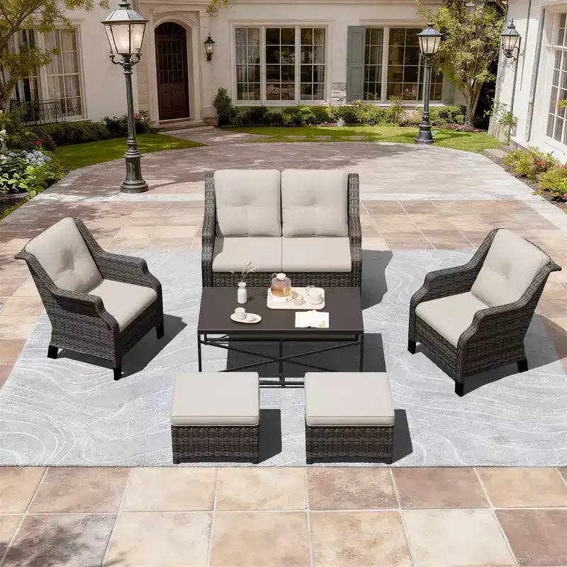 UPTIOT Outdoor Lounge Set with Fire Table and Ottoman Seating