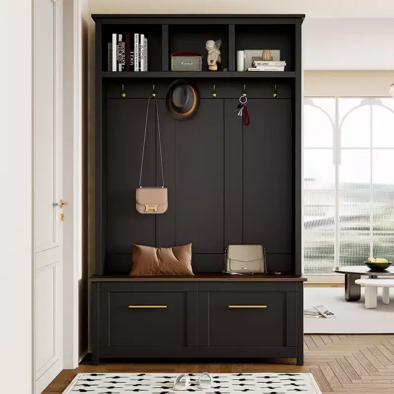 4-in-1 Entryway Hall Tree with 6 Hooks, Bench, Shoe Storage and 2 Drawers