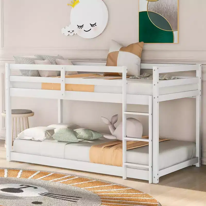 Gray / White Twin over Twin Low Floor Bunk Bed with Ladder & Guard Rails, for 2